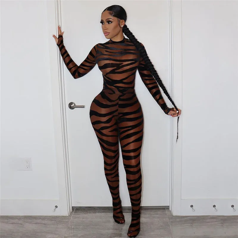 Sexy Stripes High Waist Tight Mesh Jumpsuit