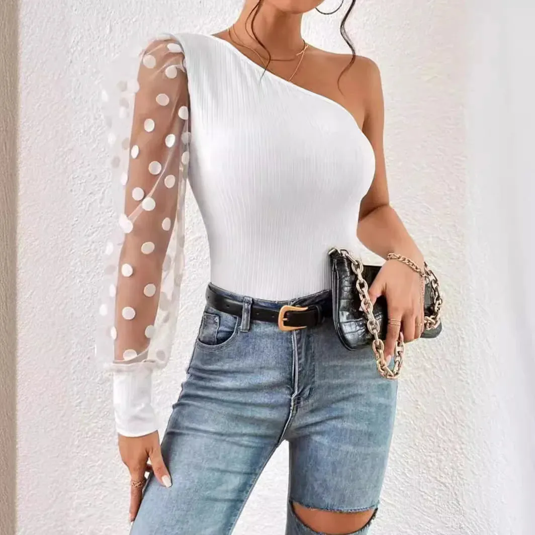 Sheer Puff Sleeve One Shoulder Top