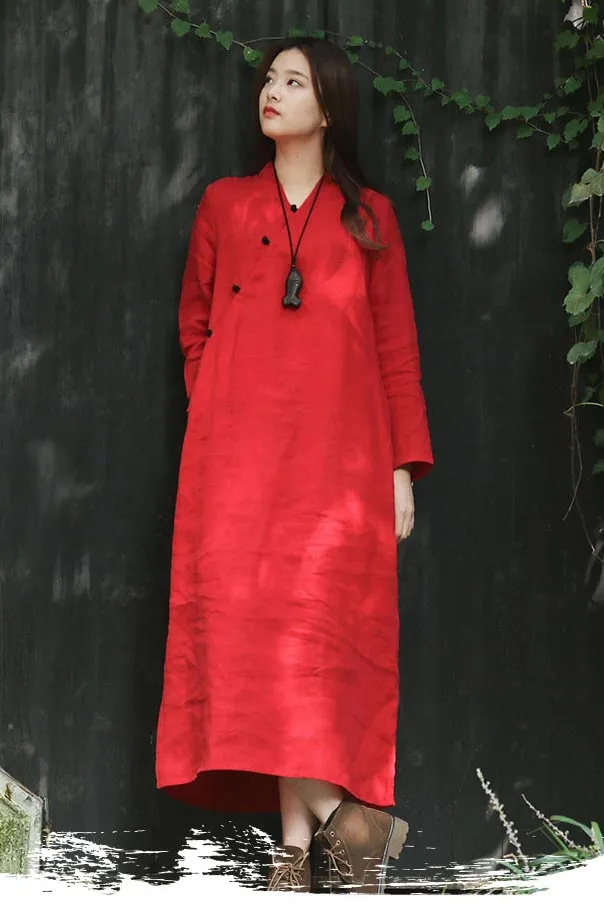 single-breasted vintage loose waist commuter linen long dress CYM352