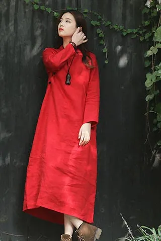 single-breasted vintage loose waist commuter linen long dress CYM352