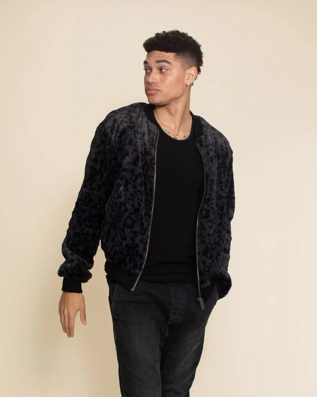 Slate Leopard ULTRA SOFT Faux Fur Bomber Jacket | Men's