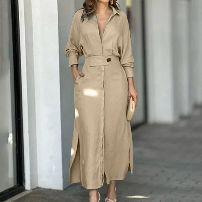 Solid Color Waistband Shirt Dress