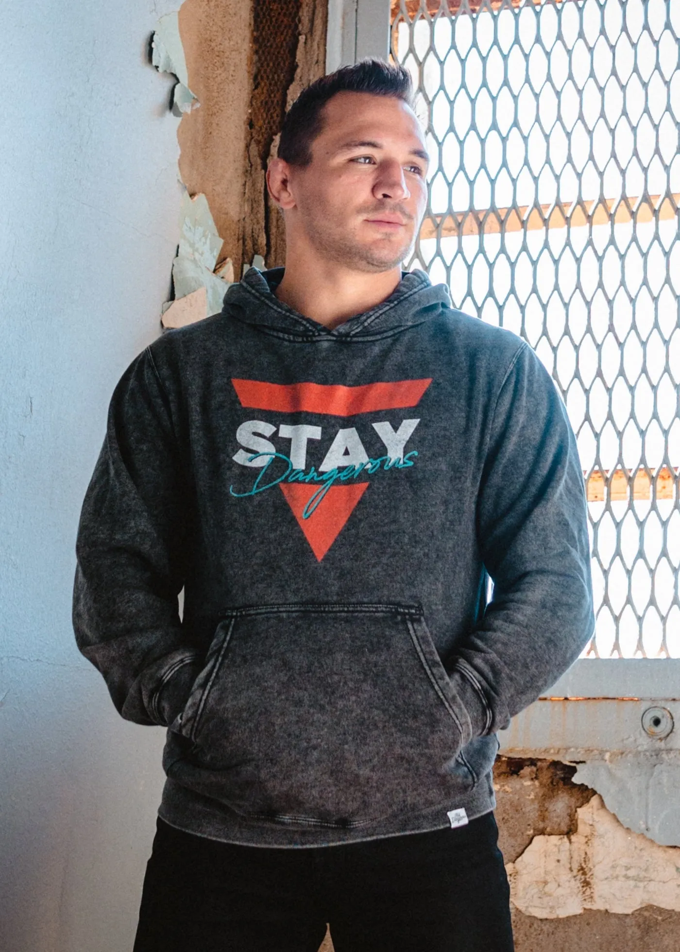 Stay Dangerous Triangle Mineral Wash Black Pullover Hoodie