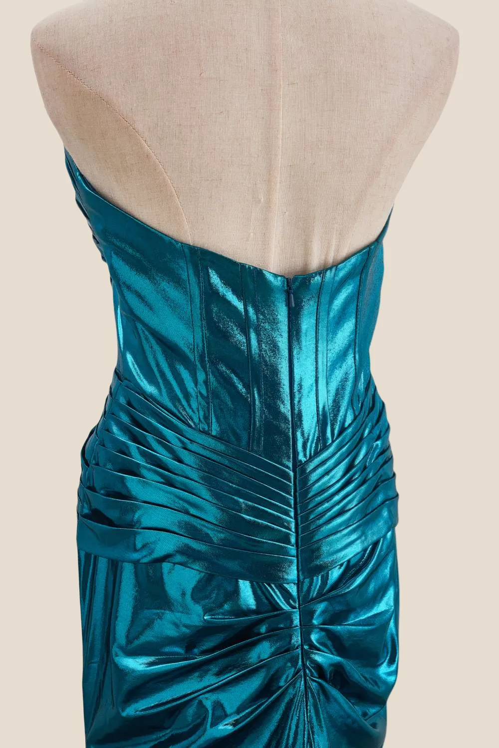 Strapless Blue Metallic Long Dress with Keyhole