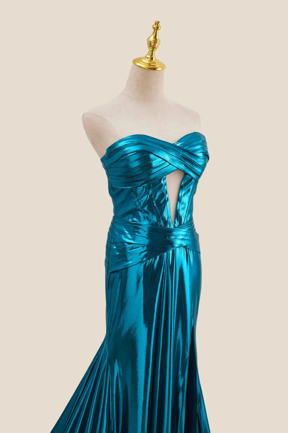 Strapless Blue Metallic Long Dress with Keyhole