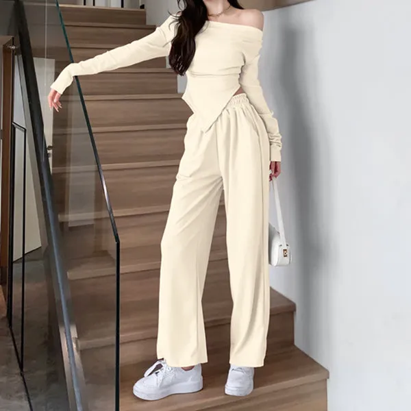 Strapless Irregular Top High Waist Casual Trousers Set