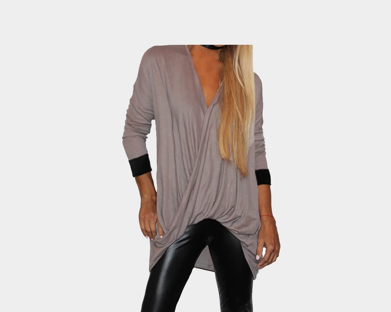 Taupe Twisted Drape Front Style Top with Leather sleeves - The Park Avenue