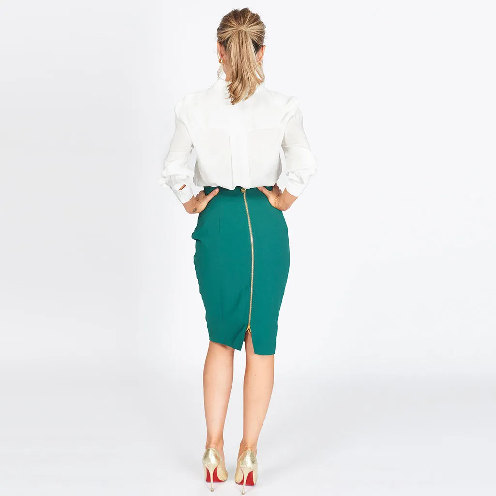 The Lara Rouched Pencil Skirt in dark green