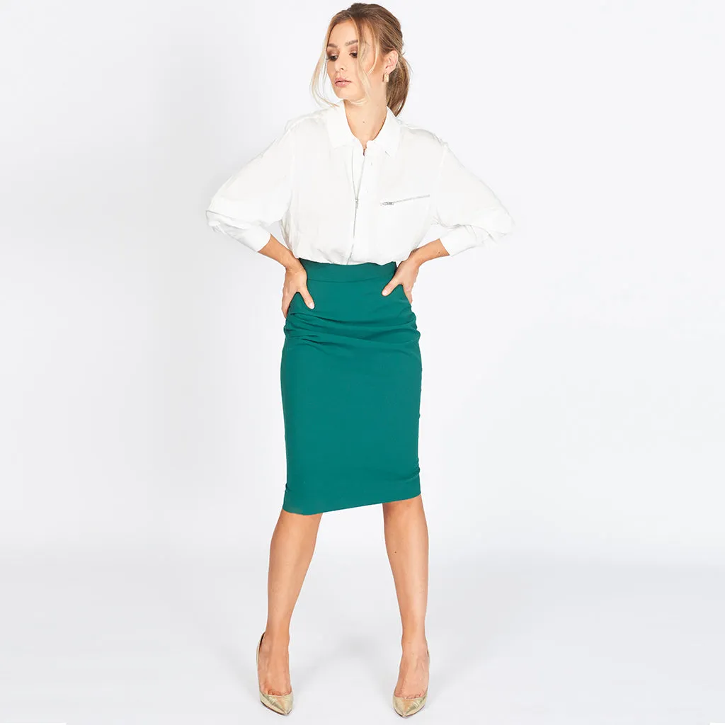 The Lara Rouched Pencil Skirt in dark green