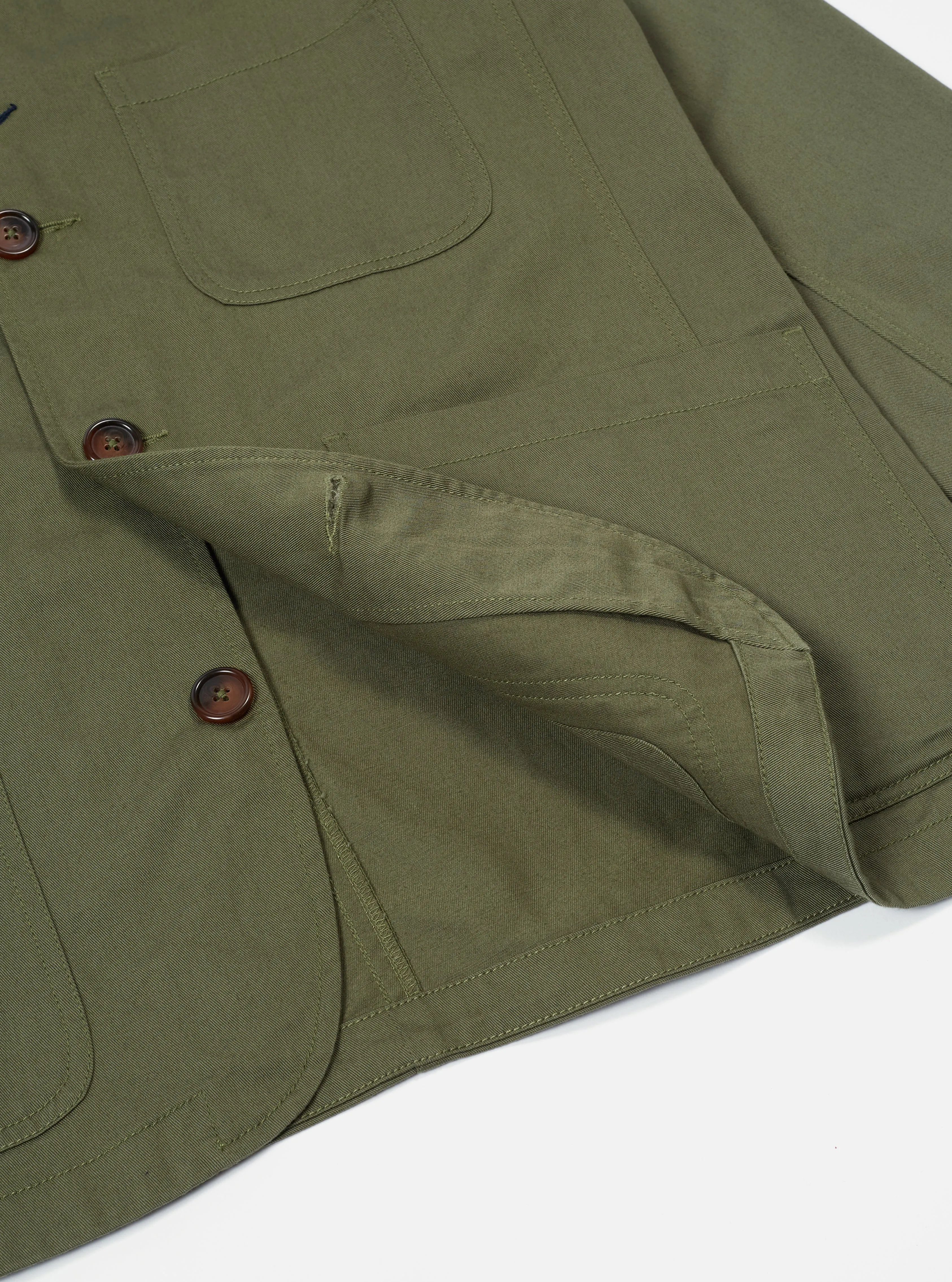 Universal Works Bakers Jacket in Light Olive Twill