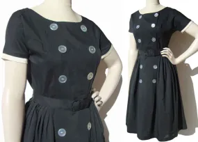 Vintage 60s Black Dress Double Breasted Summer Cotton S / M