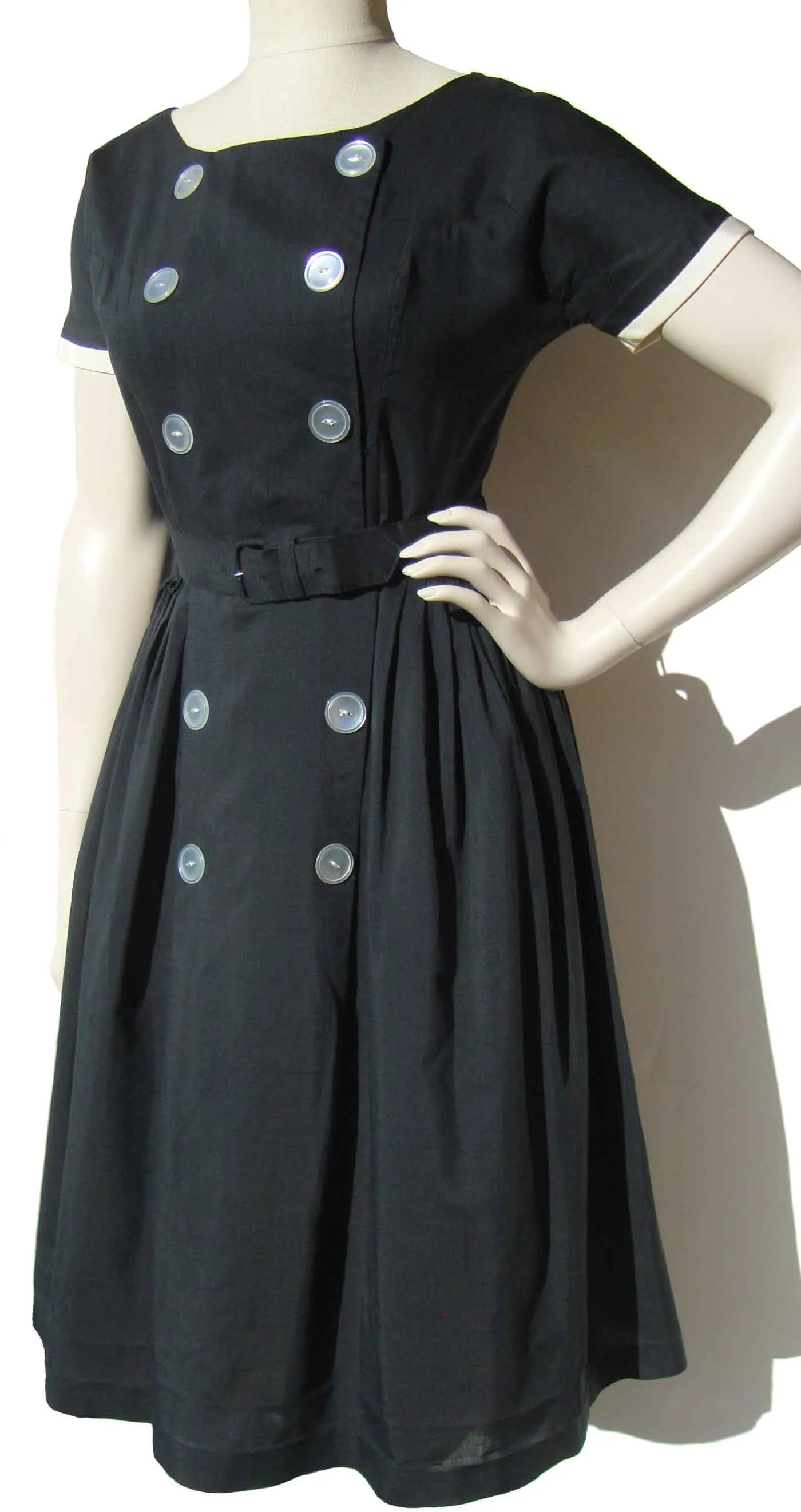 Vintage 60s Black Dress Double Breasted Summer Cotton S / M