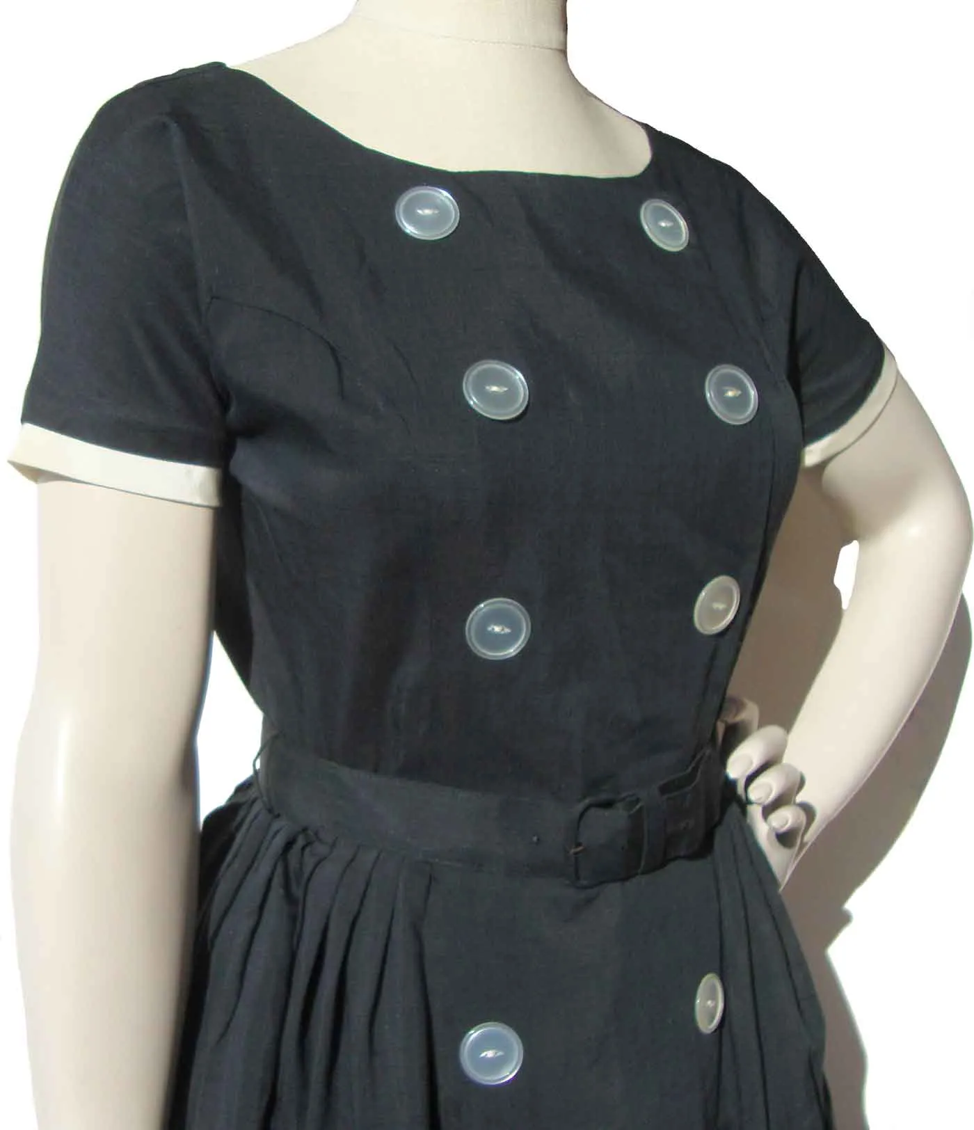 Vintage 60s Black Dress Double Breasted Summer Cotton S / M