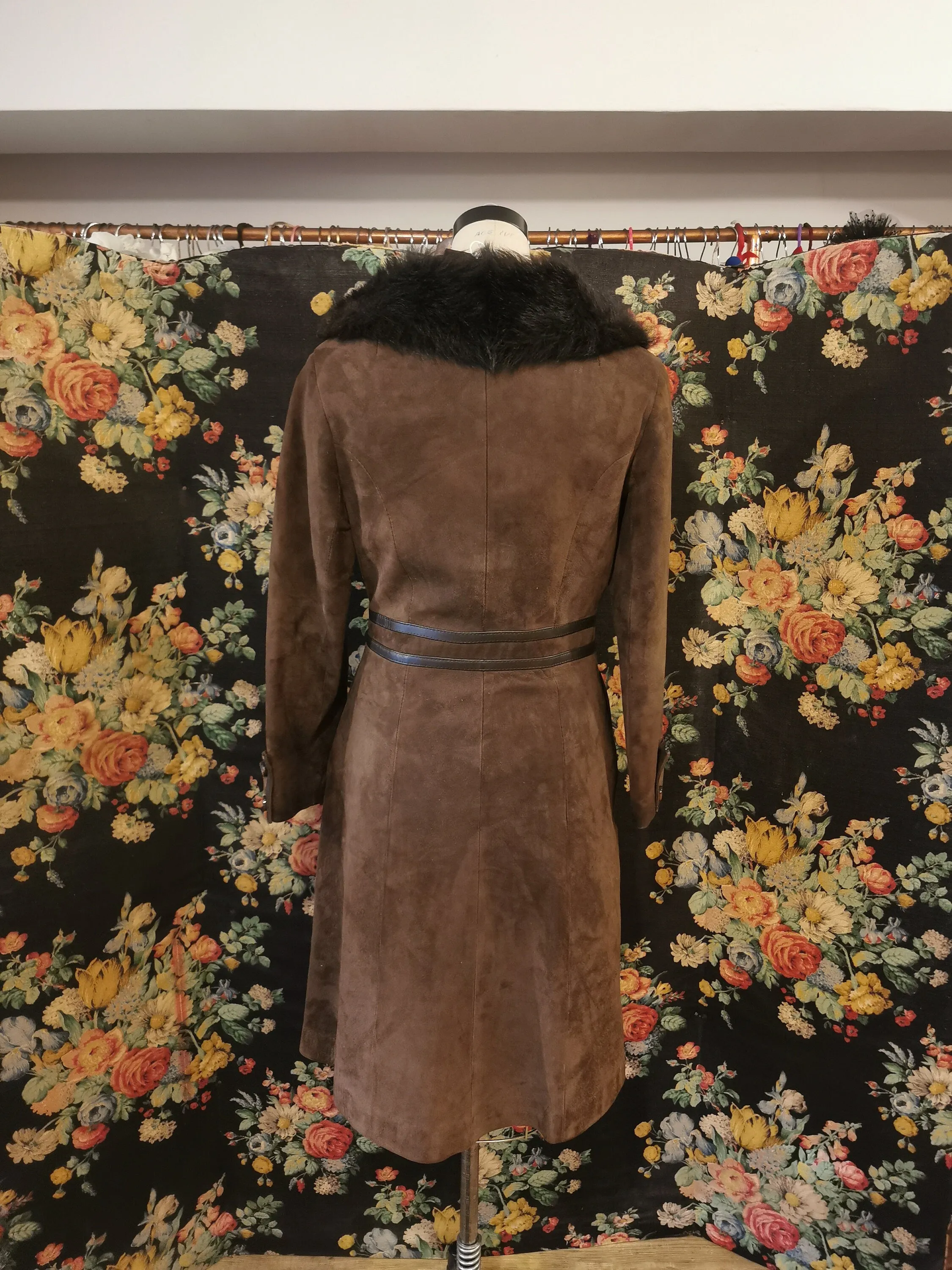 Vintage Fur Collar 60s Pennylane dark brown suede and leather coat shearling fur collar tie wrap belt UK 10 insulated Autumn Winter Jacket