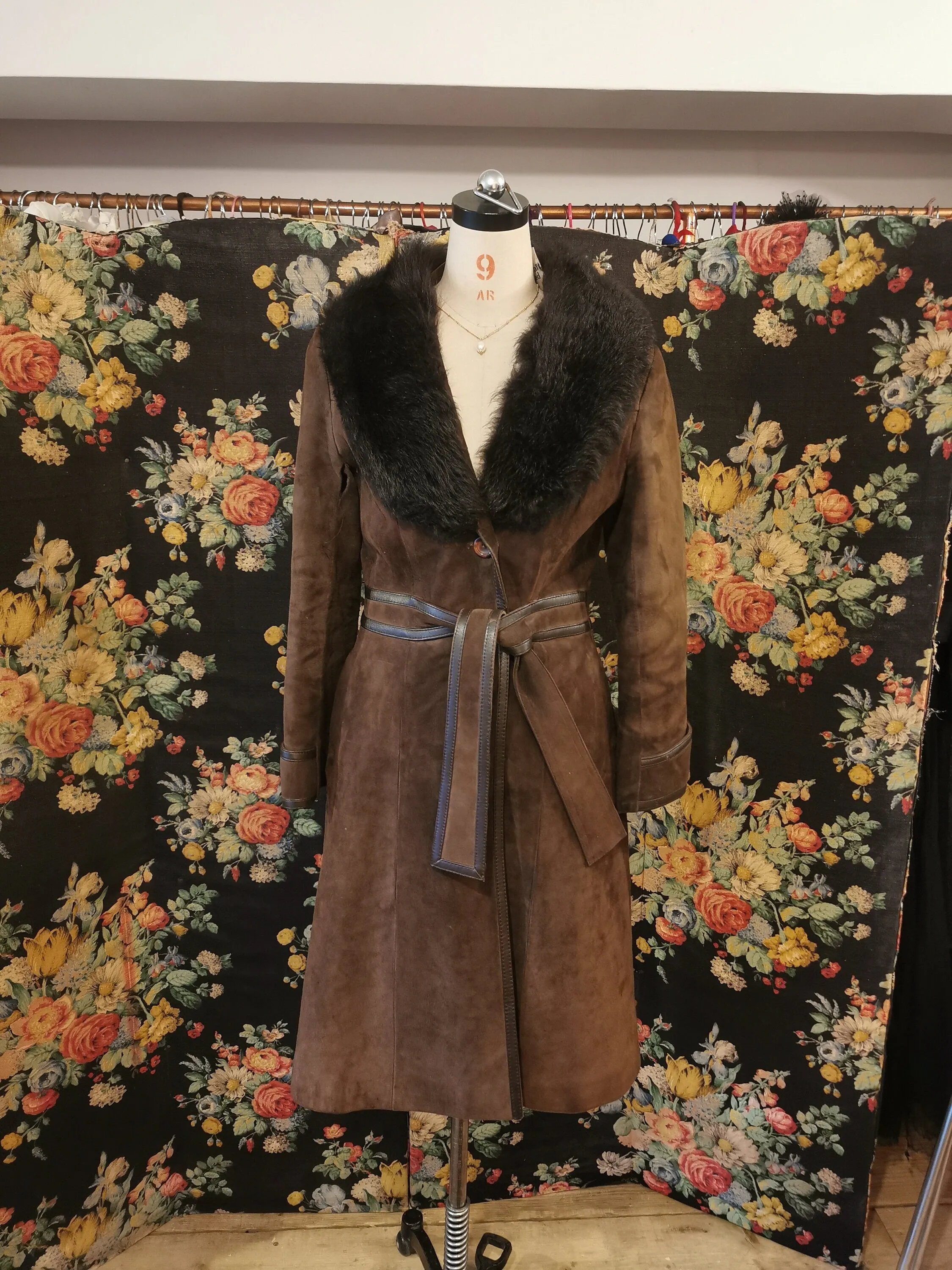 Vintage Fur Collar 60s Pennylane dark brown suede and leather coat shearling fur collar tie wrap belt UK 10 insulated Autumn Winter Jacket