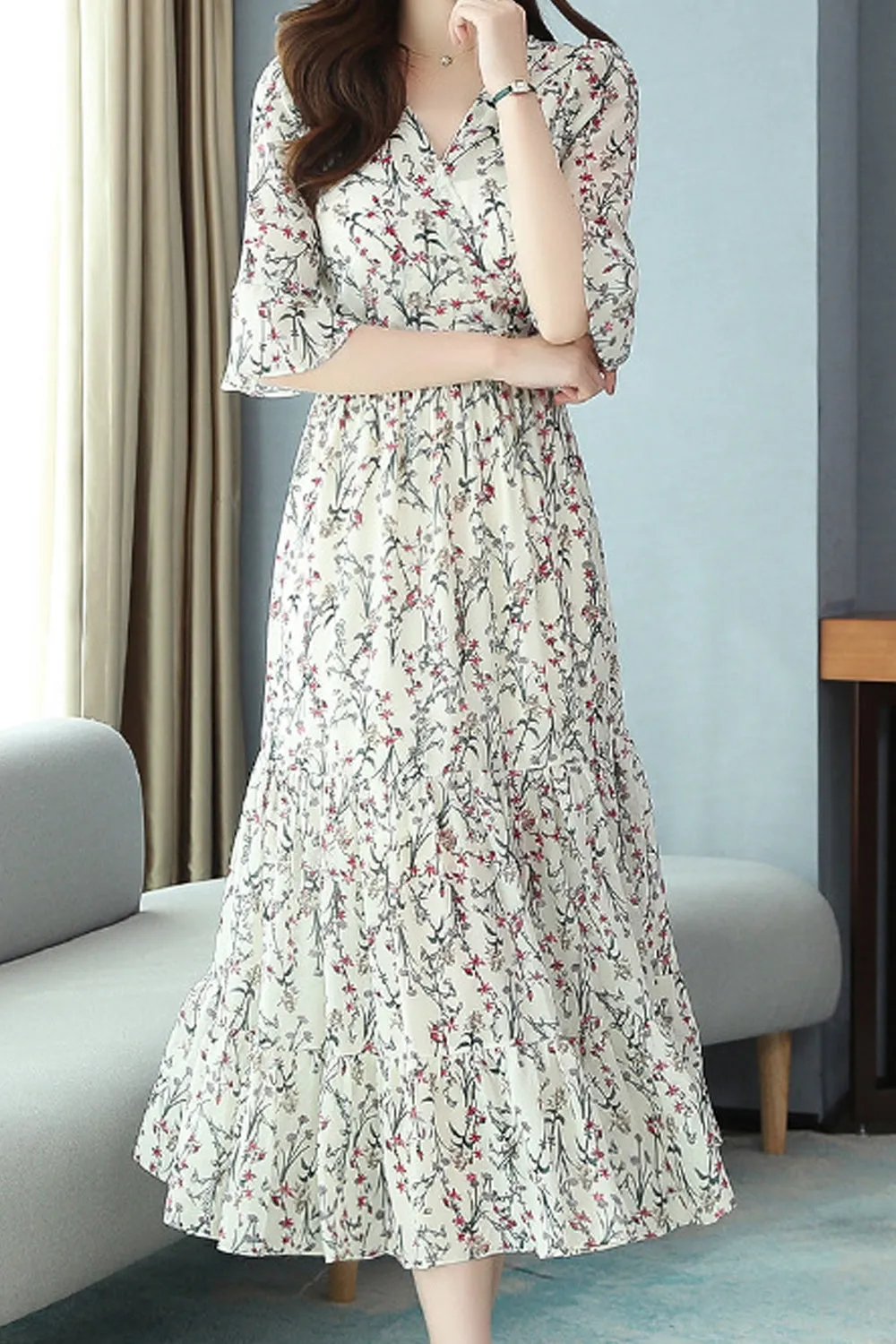 Women Long Length Thin Half Sleeve Breathable Printed Style Fashionable Dress - WD103617