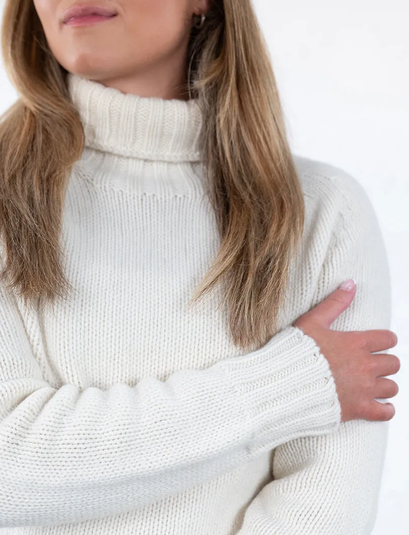 Womens Chunky Geelong Superfine Lambswool Polo Neck Jumper - Undyed Ecru