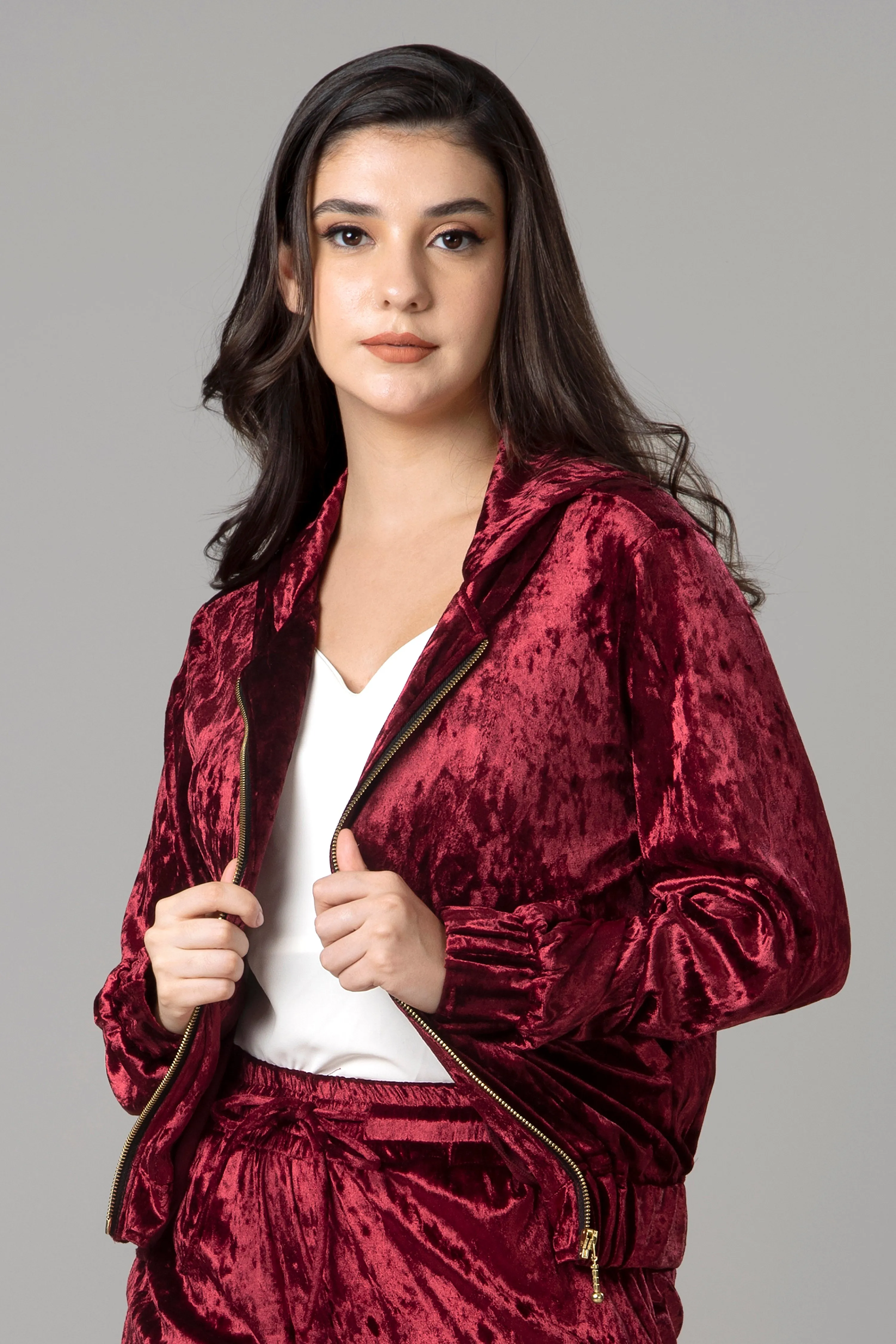 Womens Cute Zippered Red Velvet Hoodie